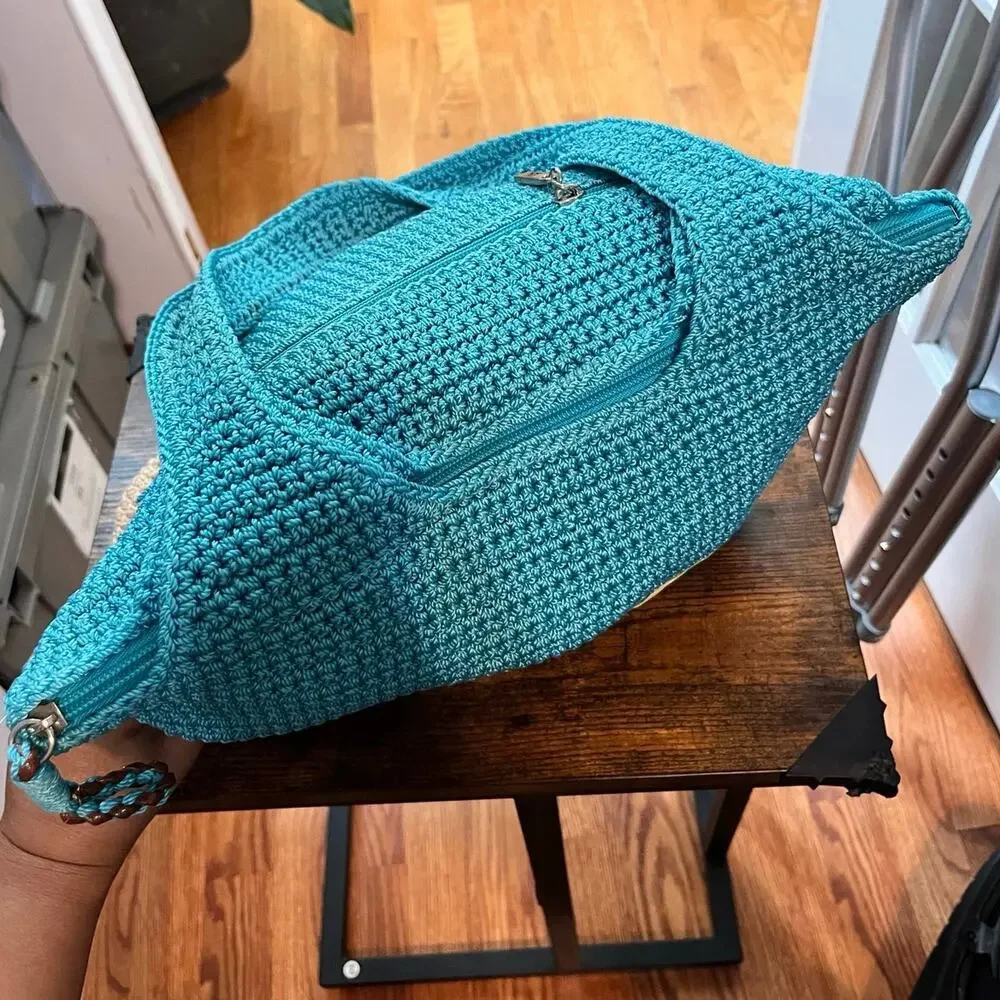 The Sak Crochet Teal Brown Embroidered Chill Palm Tree Shoulder Bag Vacation